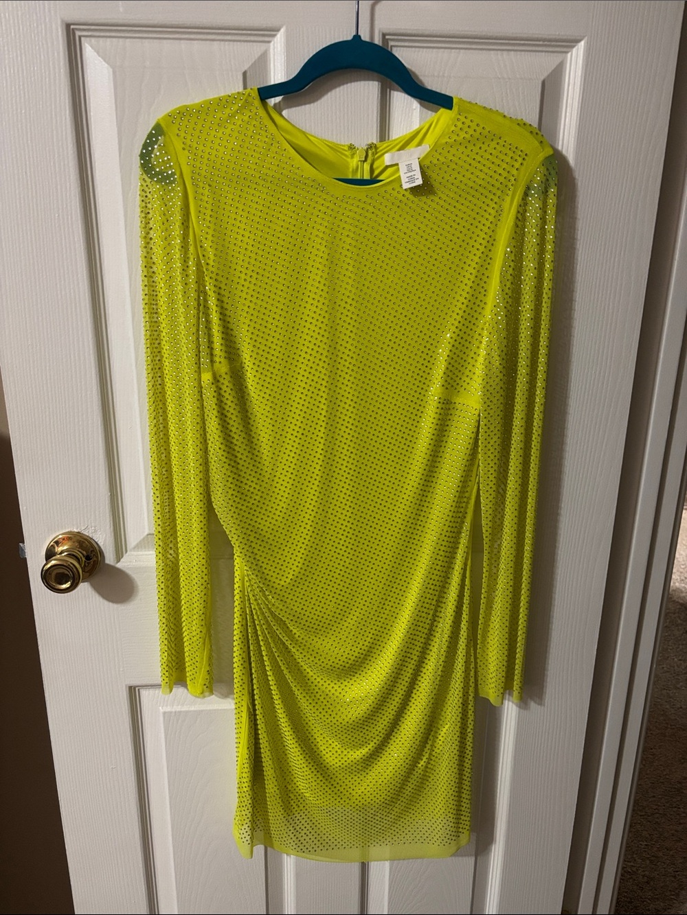 H&M Neon Lime Long Sleeve Ruched Dress NO STONES MISSING IT WSS NEVER WORN
